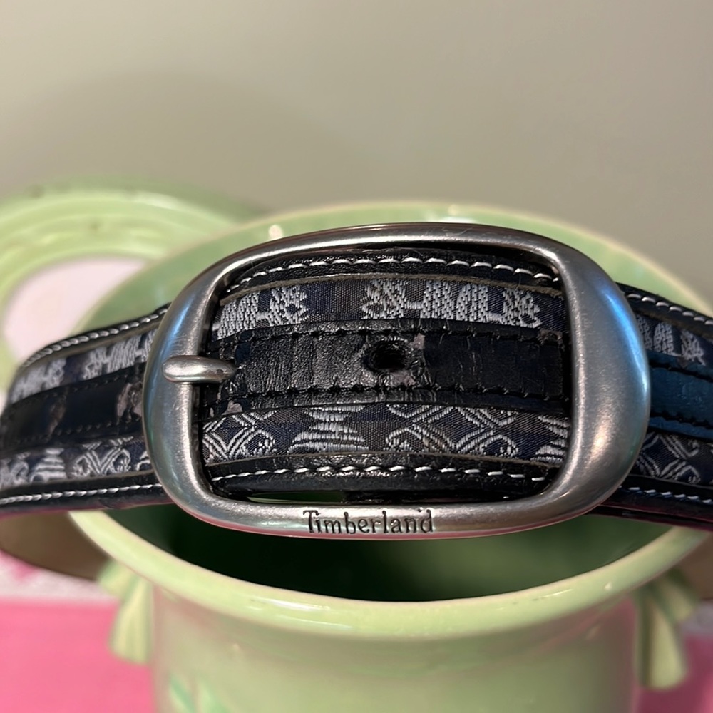 Timberland Black Leather Belt Grey Fabric Tree Logo 1743-001